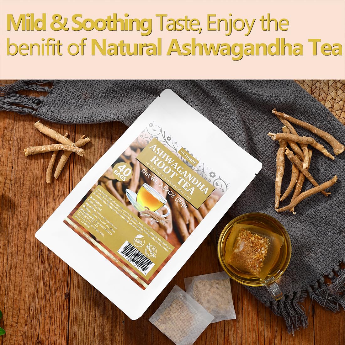 ULTHMOK Ashwagandha root closeup shows natural harvest quality for mindful tea moments.