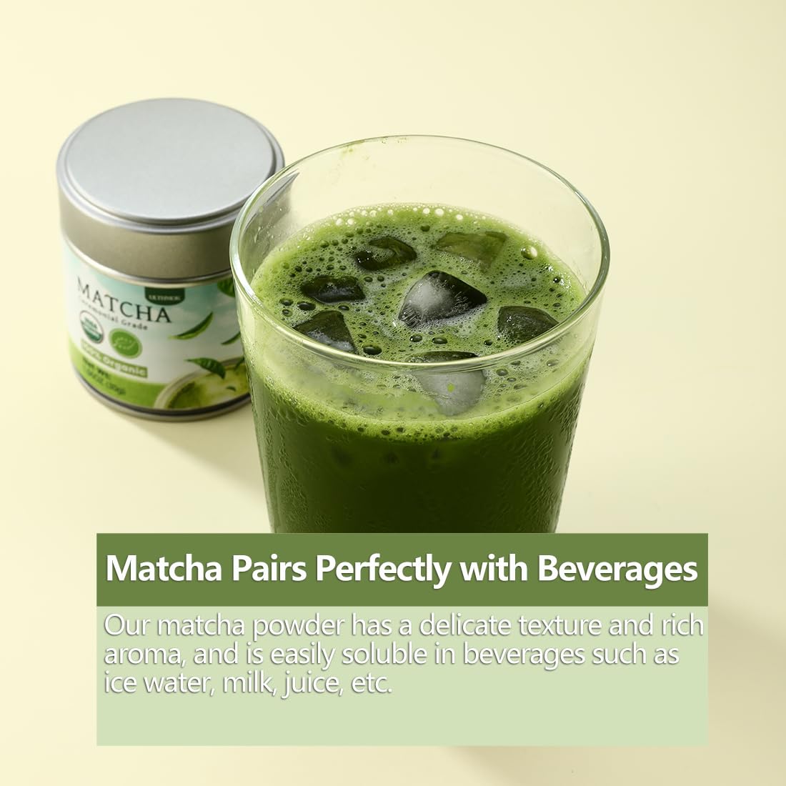 ULTHMOK iced matcha drink blending with ice and milk.