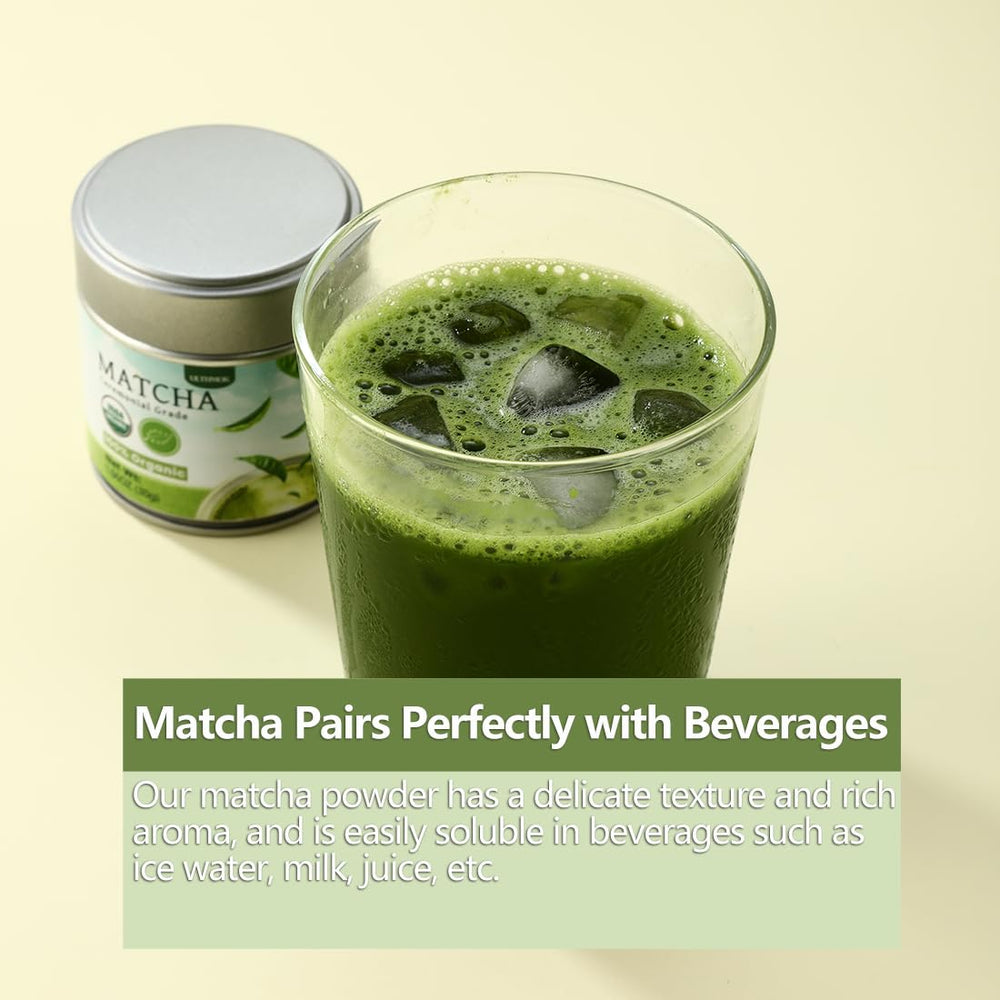 ULTHMOK iced matcha drink blending with ice and milk.