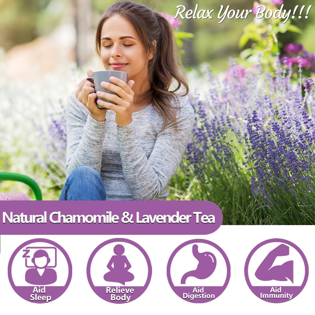 ULTHMOK lavender chamomile blend tea bag closeup, relaxing notes for bedtime