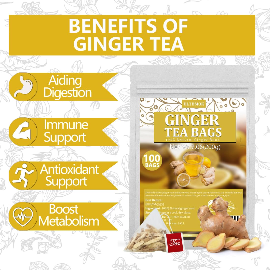 ULTHMOK ginger tea with lemon and honey creates varied flavors and soothing aroma