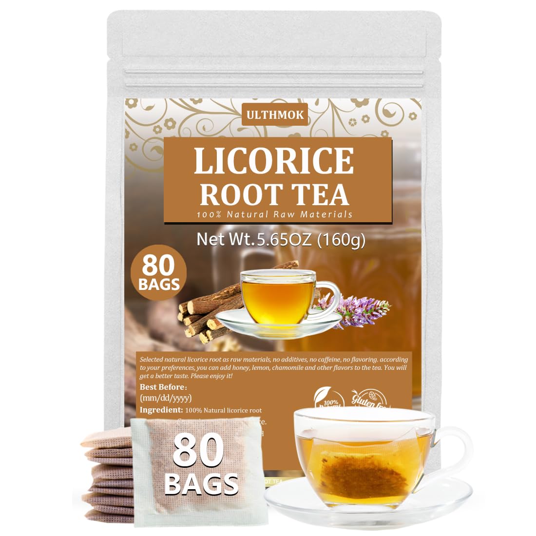 ULTHMOK licorice tea bags in packaging show pure ingredients and caffeine-free sweetness.