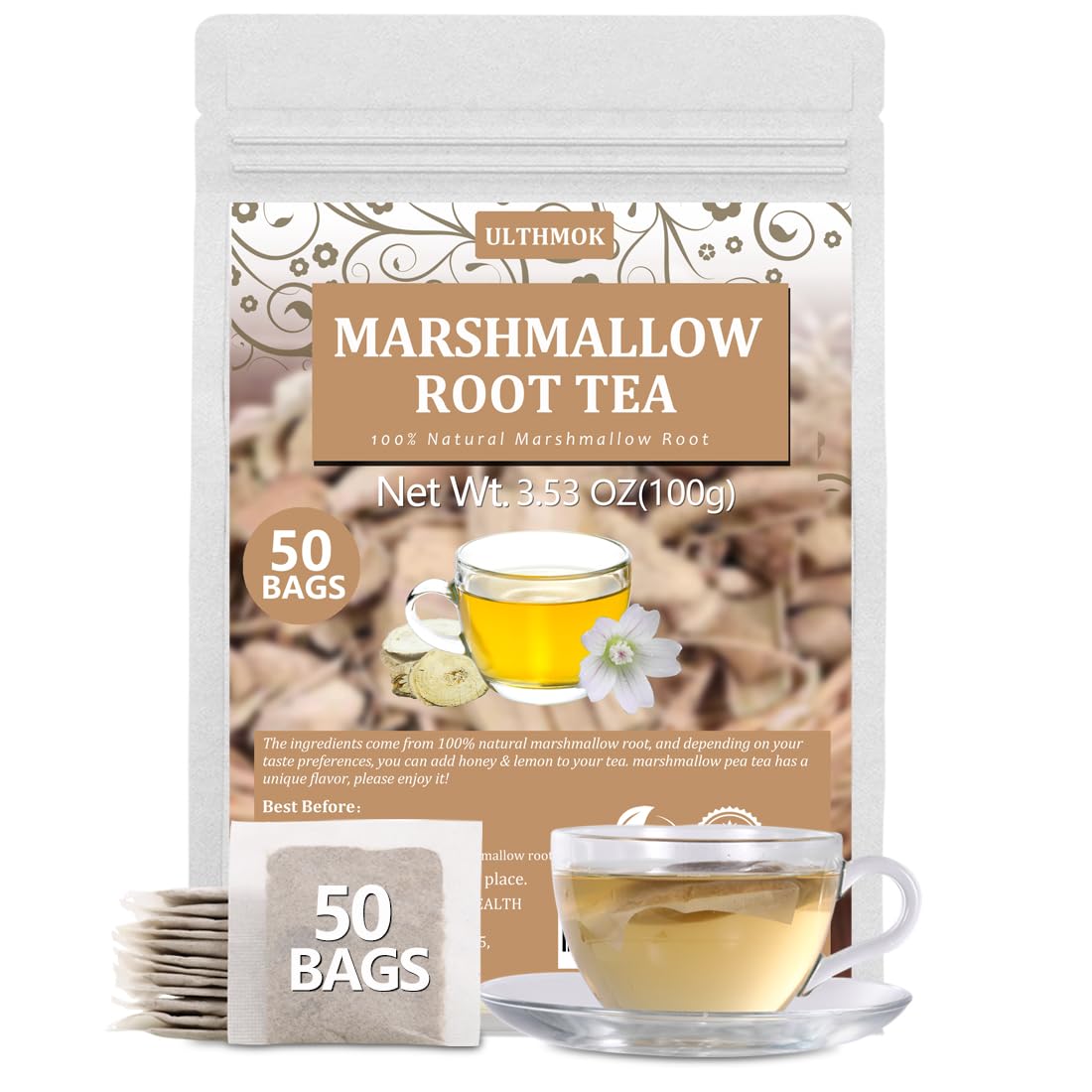 ULTHMOK marshmallow root tea bags in cup showing caffeine-free comfort