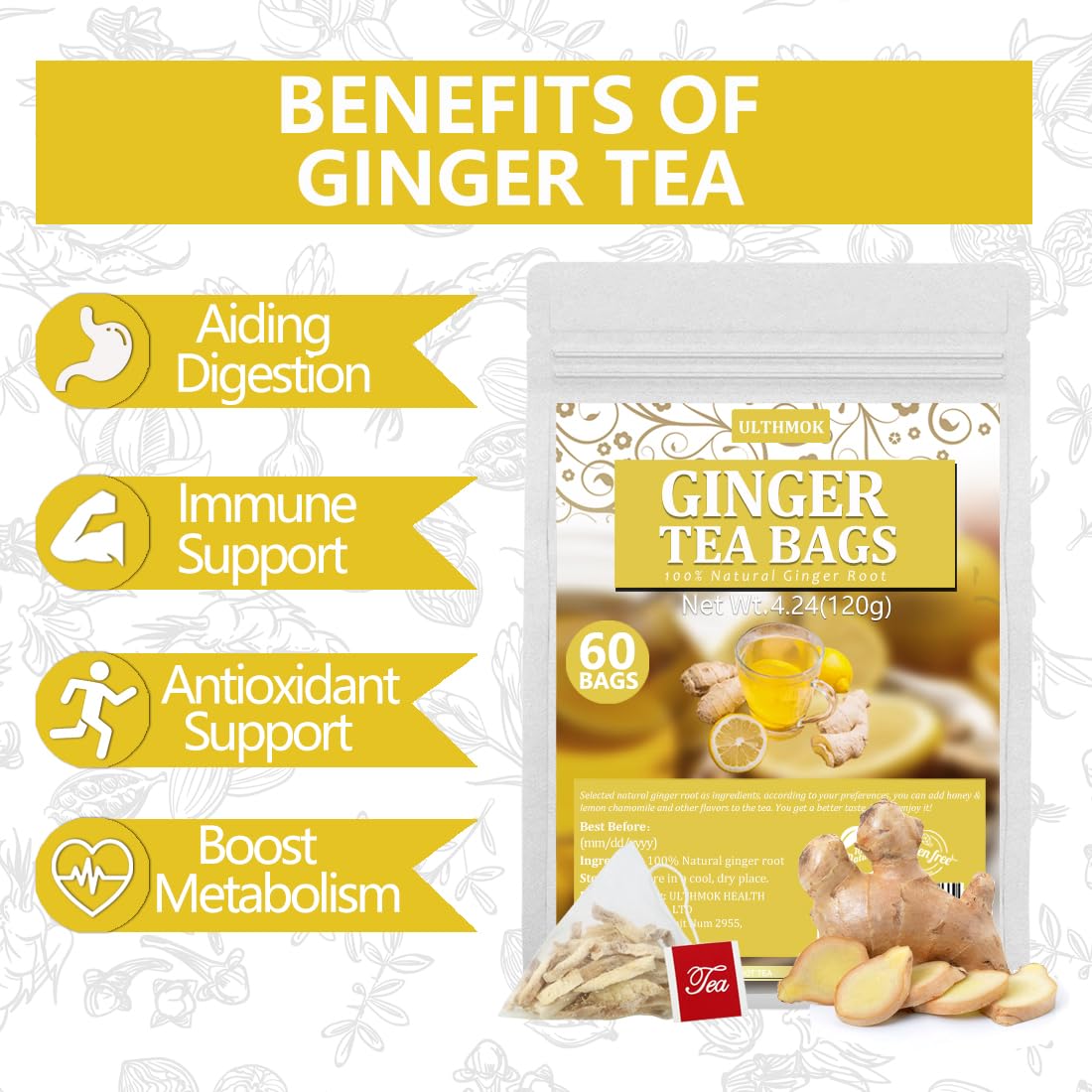 ULTHMOK ginger tea bags without additives—pure flavor for everyday brewing