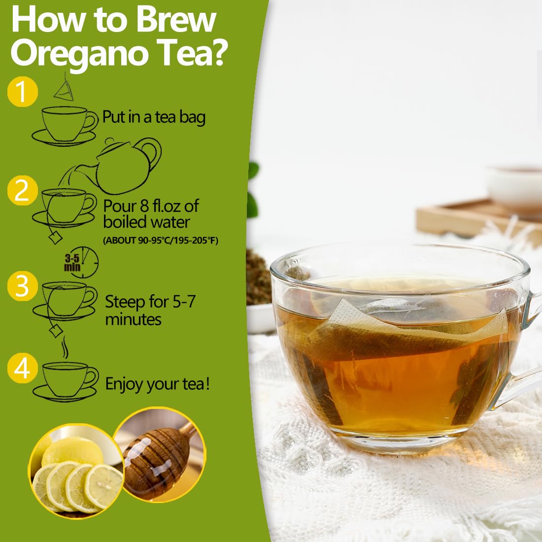 ULTHMOK oregano tea bags brewed cup with warm aroma and comforting flavor