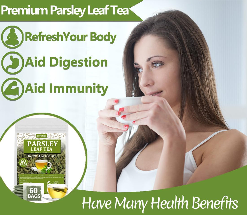ULTHMOK Parsley leaf tea bags ingredients label showing pure leaves, no additives