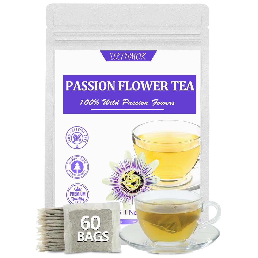 ULTHMOK Passion Flower Tea Bags on pack, caffeine-free calm and relaxation.