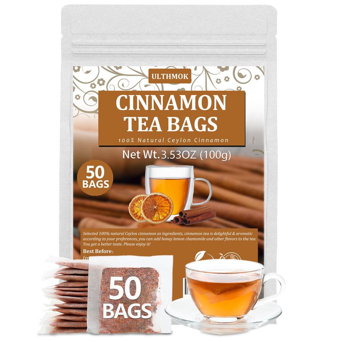 ULTHMOK premium 50 Ceylon cinnamon tea bags, ready to brew for a fragrant cup.