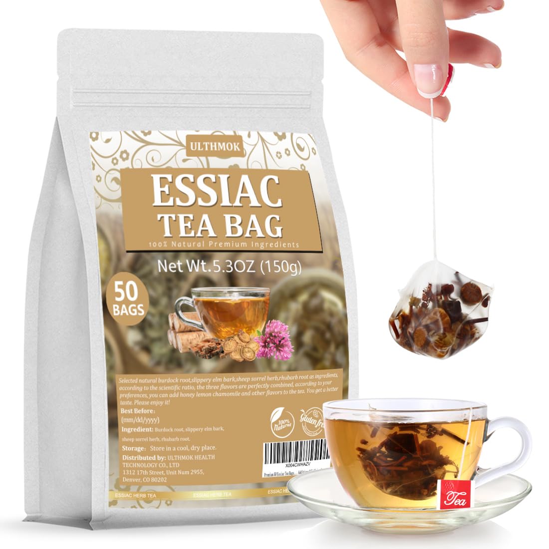 ULTHMOK Premium Essiac Tea packaging showcases convenient daily use.