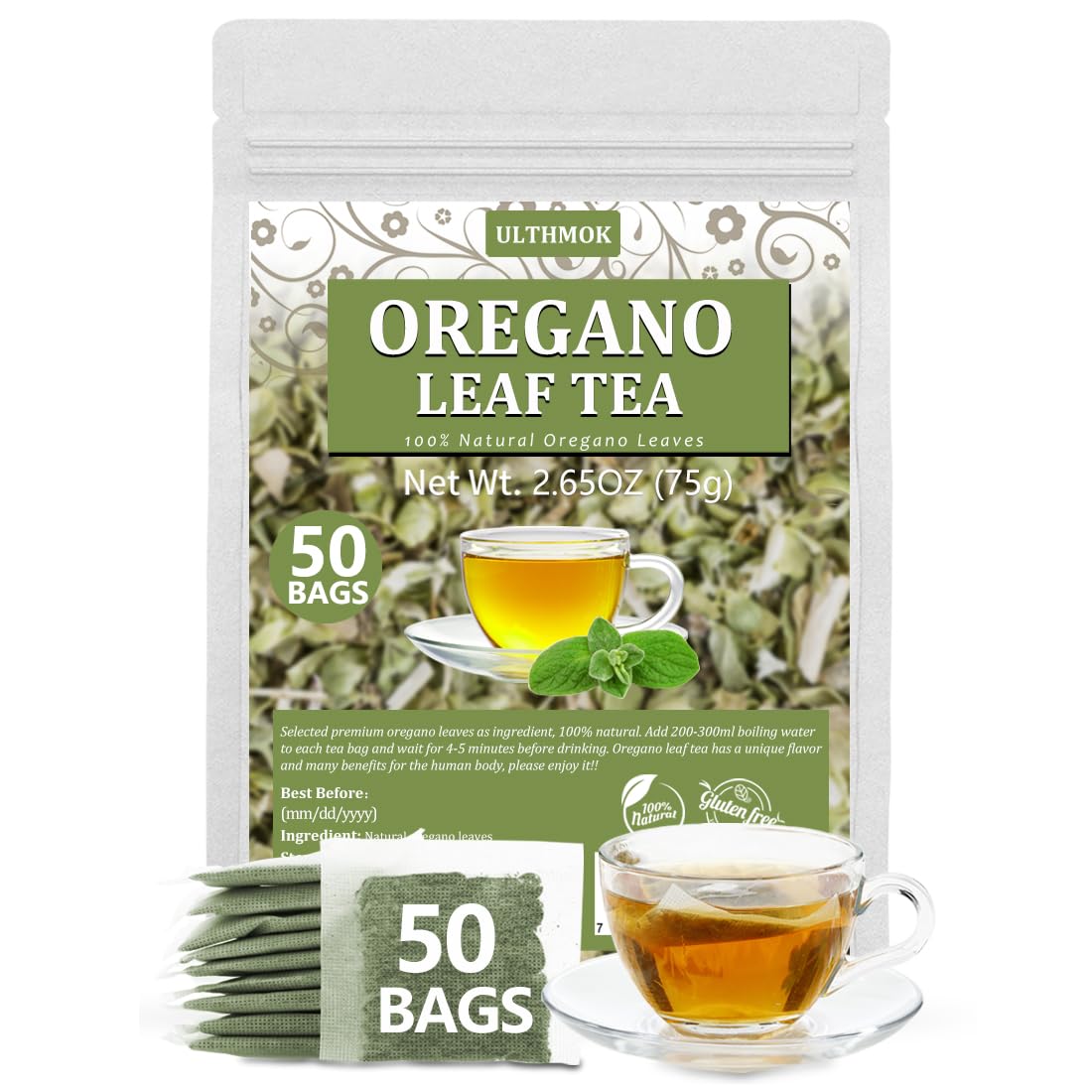 ULTHMOK Premium 50 Oregano Tea Bags pack for easy, pure oregano cups