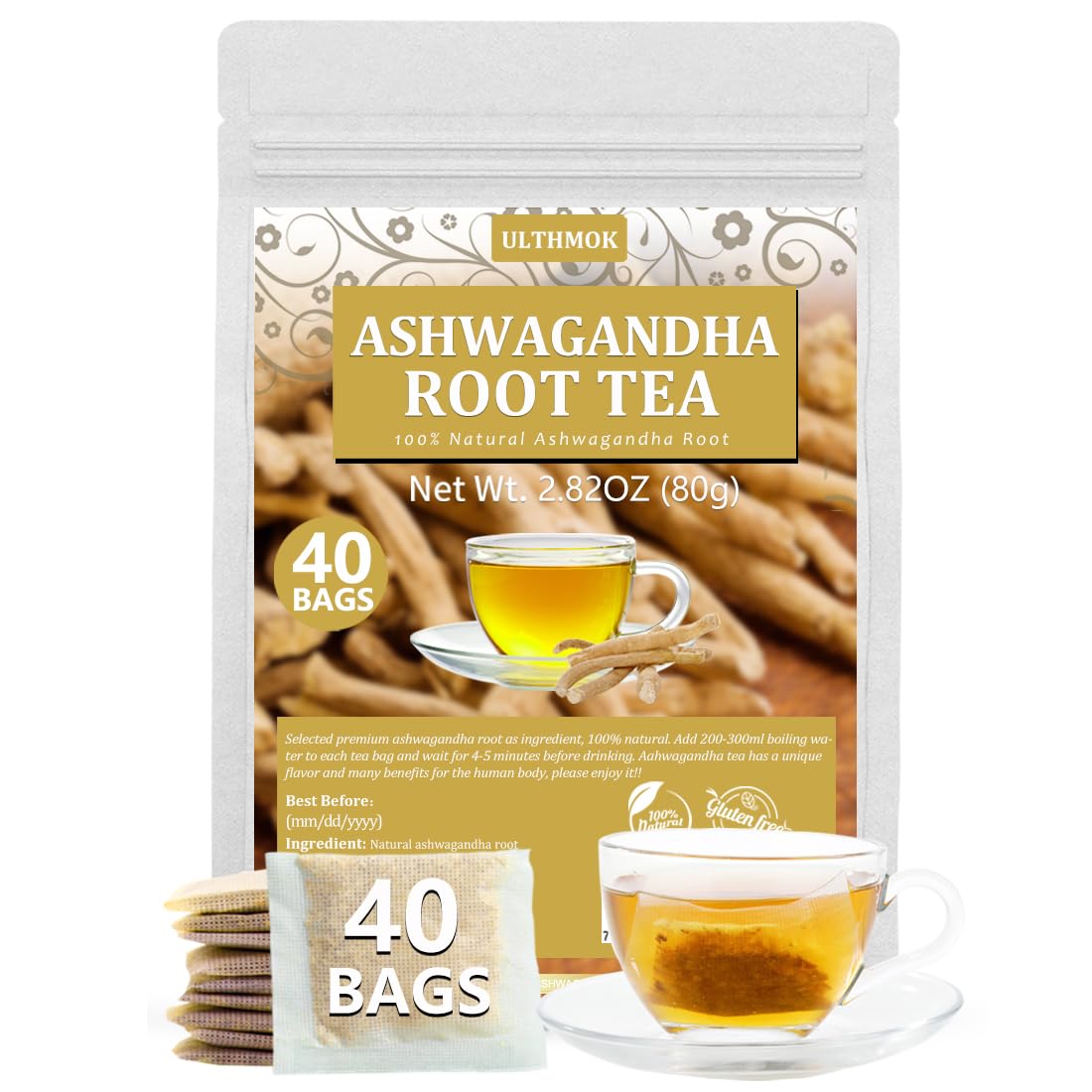 ULTHMOK Ashwagandha tea bags packaging highlights a caffeine-free relaxing ritual.