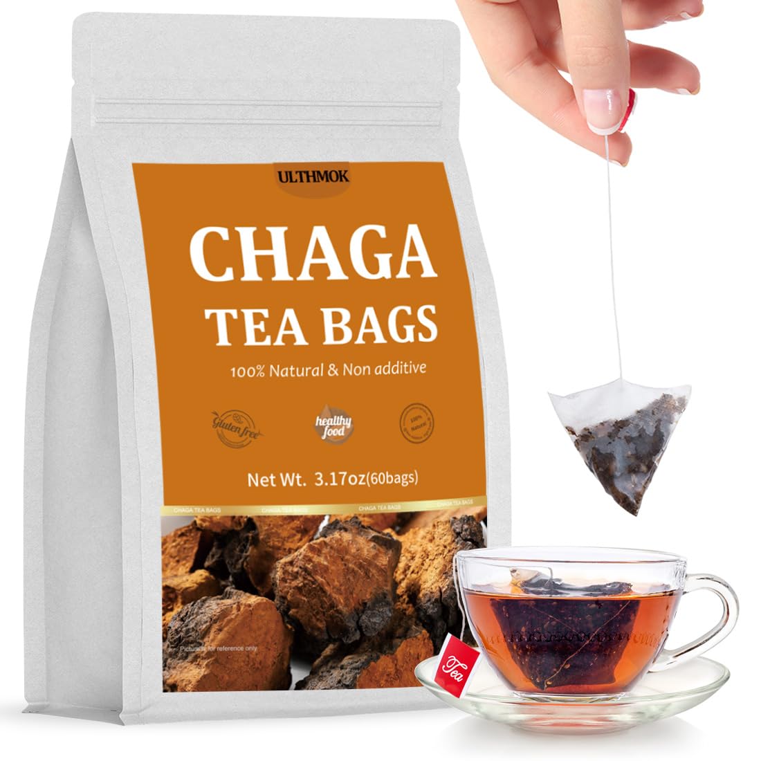 ULTHMOK premium chaga tea bags in a 60-count box, caffeine-free for evenings.