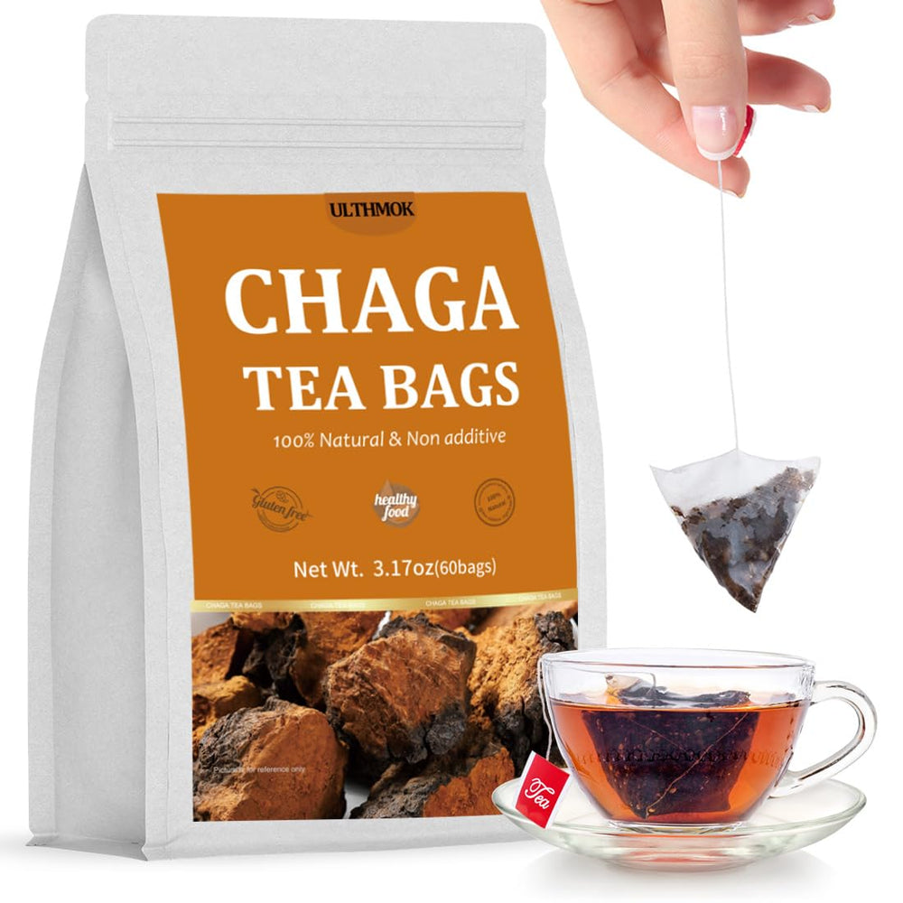 ULTHMOK premium chaga tea bags in a 60-count box, caffeine-free for evenings.