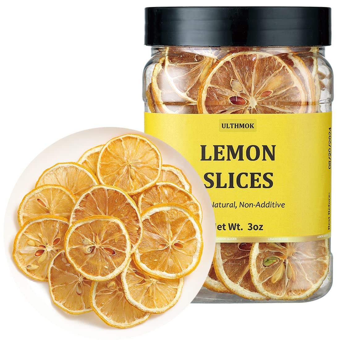 ULTHMOK premium dried lemon slices in a jar, ideal for tea infusion.