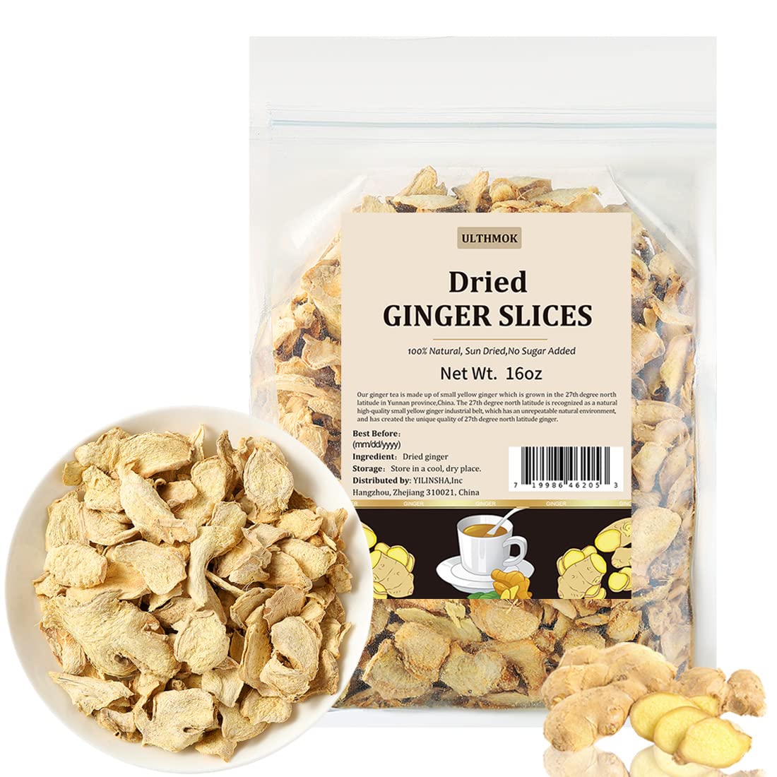 ULTHMOK premium ginger root slices with vibrant aroma for tea and cooking.