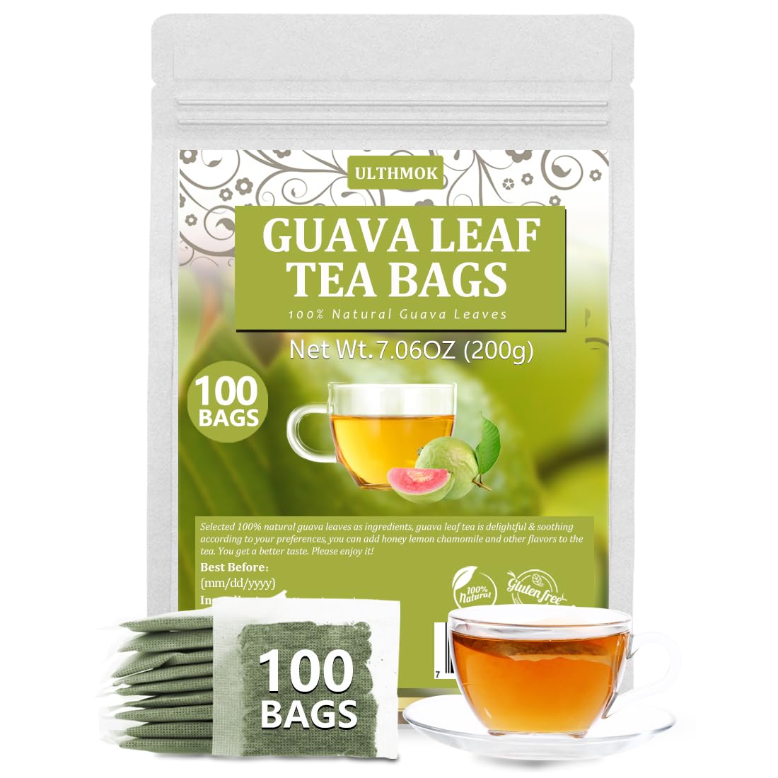 ULTHMOK Premium Guava Leaf Tea Bags in natural packaging for caffeine-free refreshment.