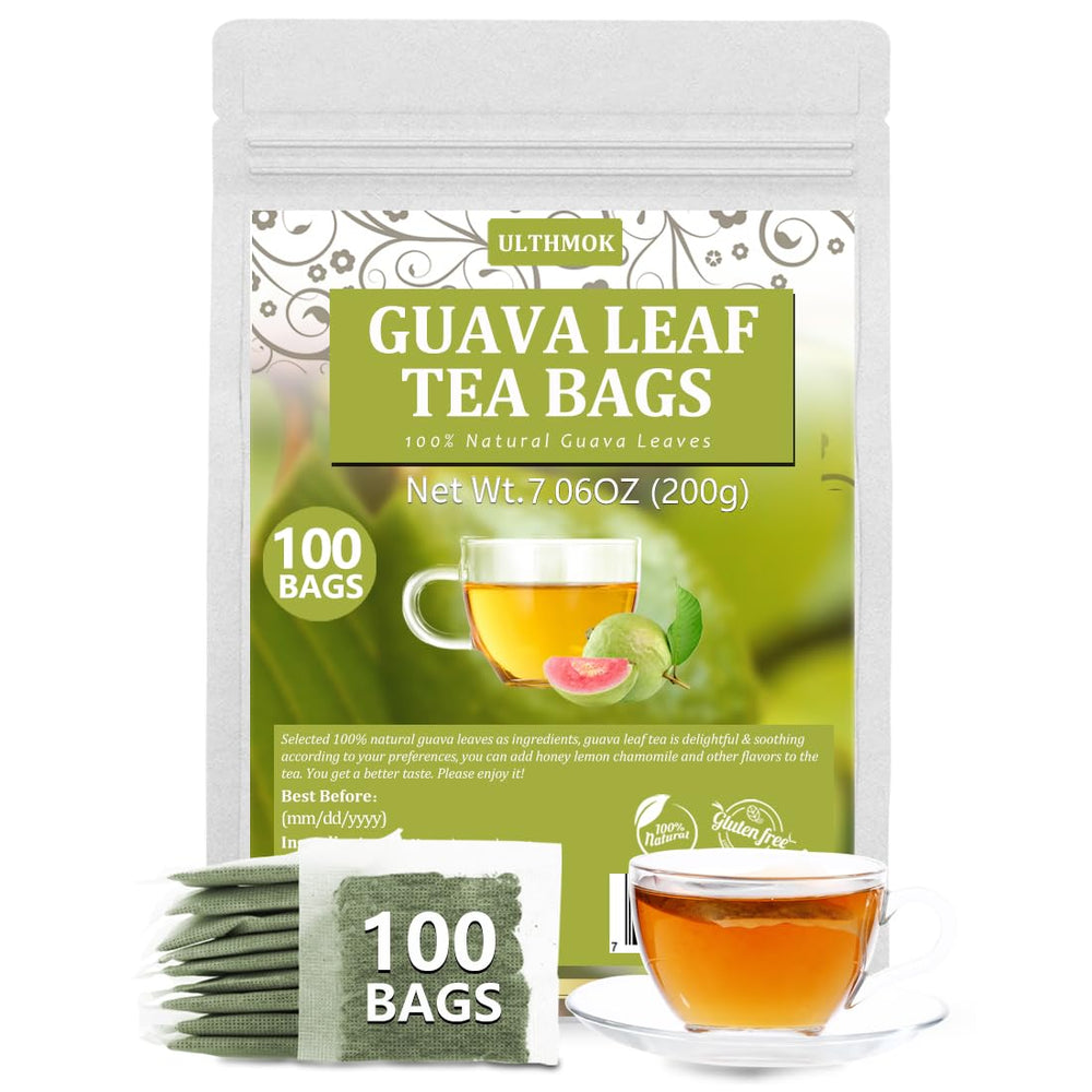 ULTHMOK Premium Guava Leaf Tea Bags in natural packaging for caffeine-free refreshment.