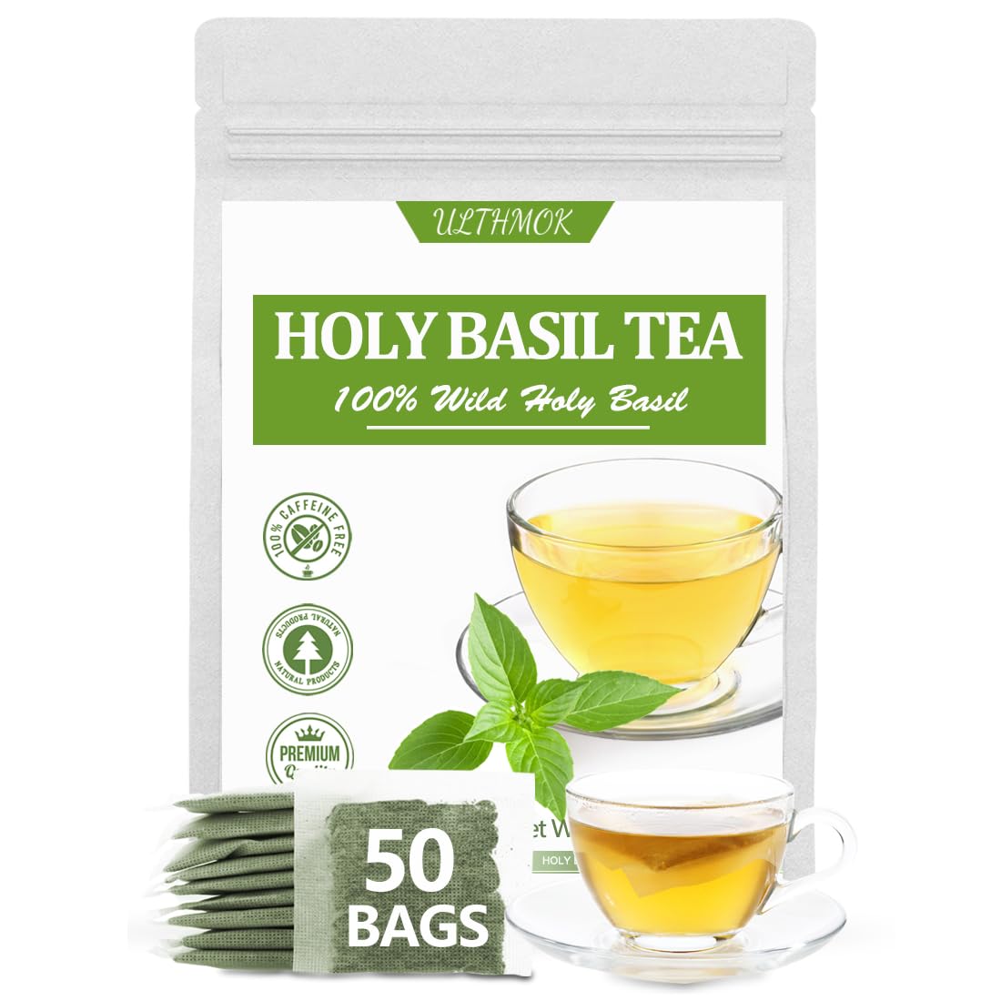 ULTHMOK Holy Basil Tea Bags pack front, caffeine-free aroma