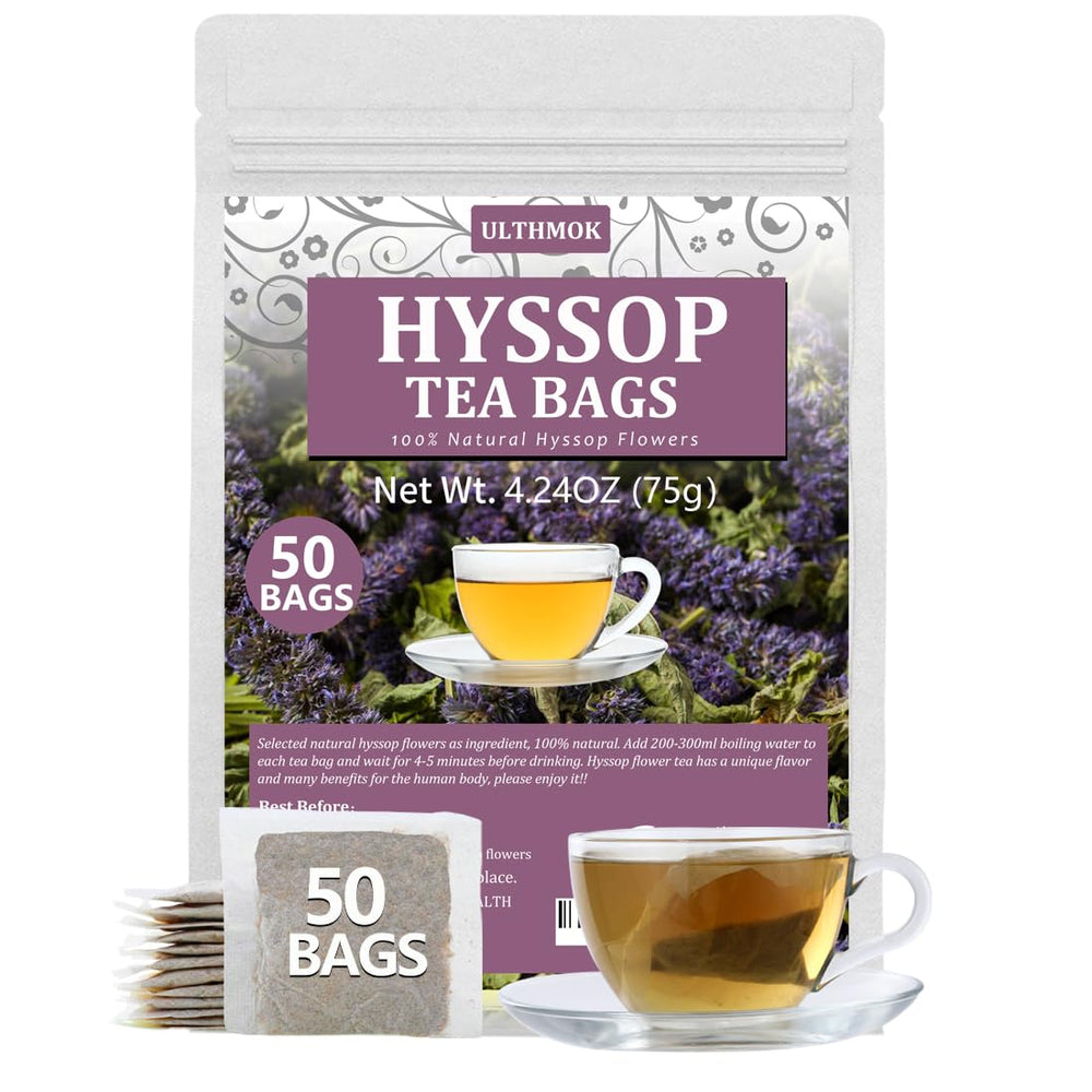 ULTHMOK premium hyssop tea bags close-up highlighting pure flavor and caffeine-free enjoyment.