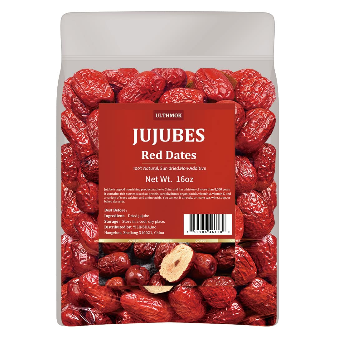 ULTHMOK Premium Jujube Red Dates 1lb packaging shows rich, glossy fruit for snacking
