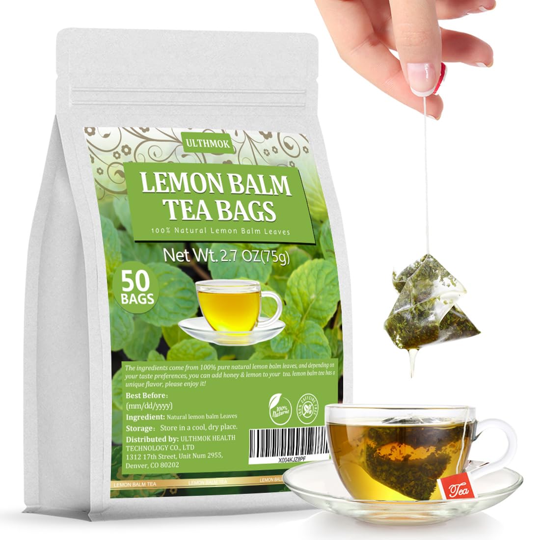 ULTHMOK Premium Lemon Balm Tea bags show pure, additive-free aroma for calm moments