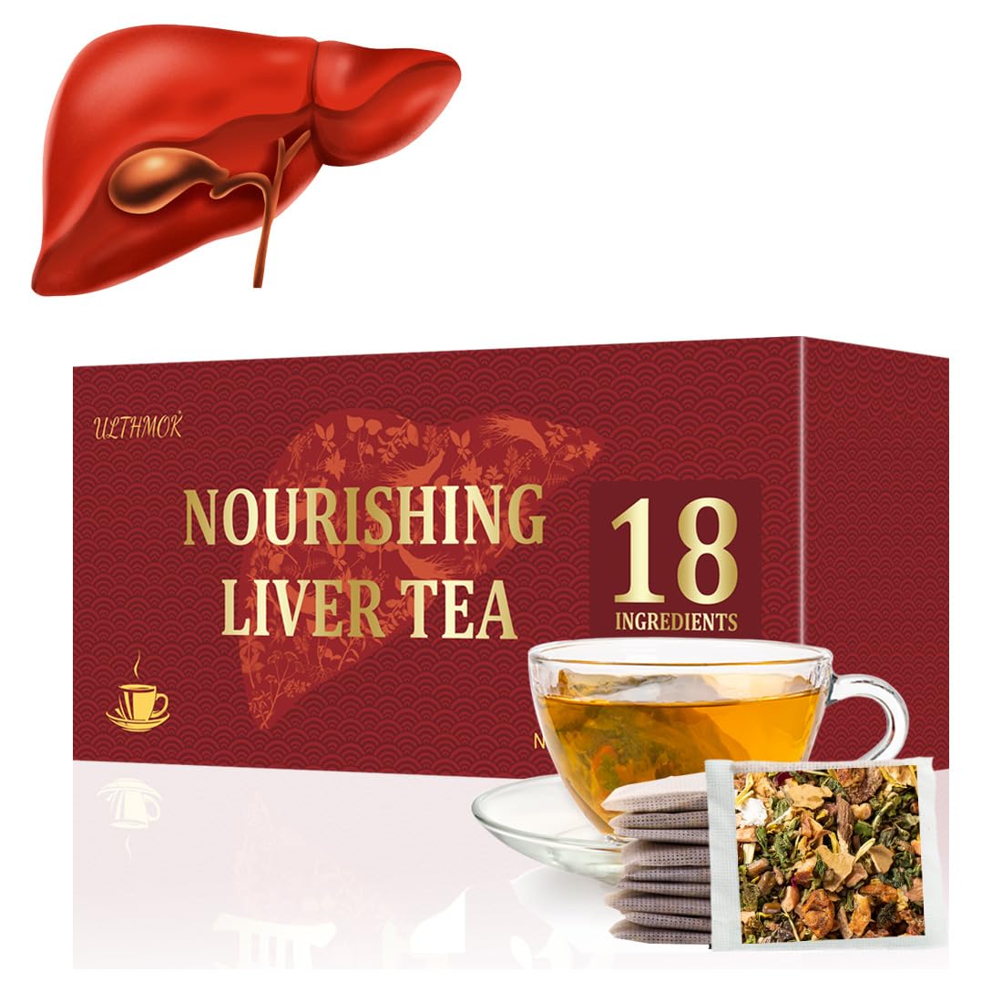 ULTHMOK Premium Liver Detox Tea box showing 30-tea-bag set for daily nourishment.