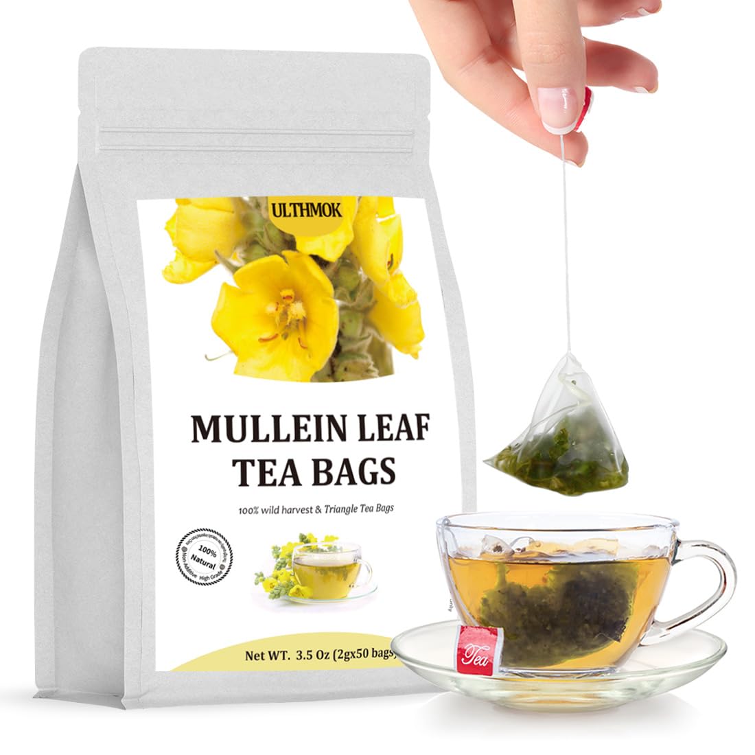 ULTHMOK Premium Mullein Tea bags in a cup for gentle herbal comfort.