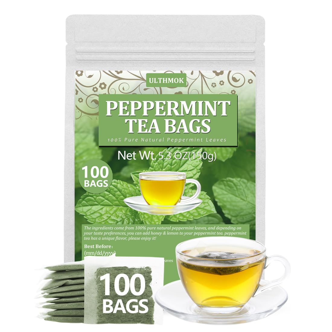 ULTHMOK Premium Peppermint Tea Bags pack showcasing pure leaves for refreshing caffeine-free tea.