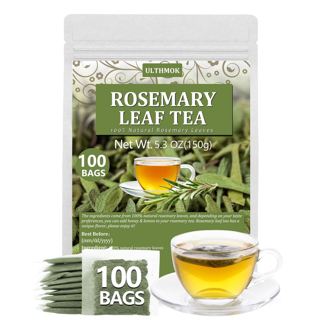 ULTHMOK rosemary tea bags packaging shows pure leaves and caffeine-free blend.