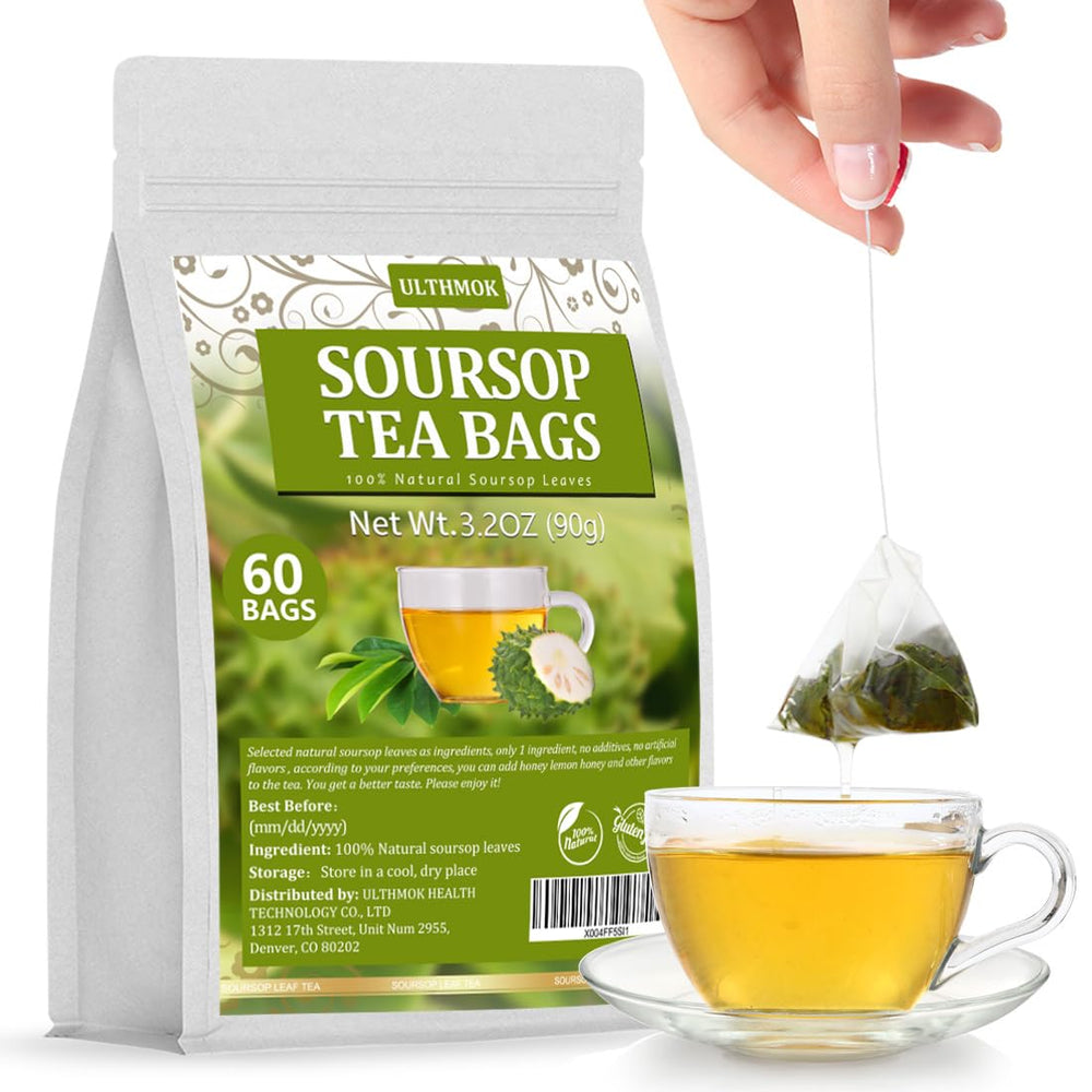 ULTHMOK Premium soursop tea bags packaging shows 60 caffeine-free sachets.