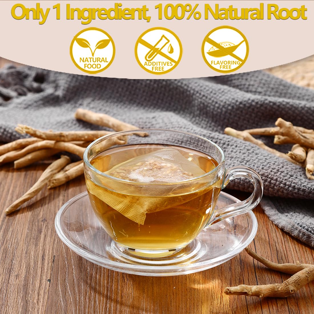 ULTHMOK Tea bag in cup steeping releases a fragrant caffeine-free infusion.