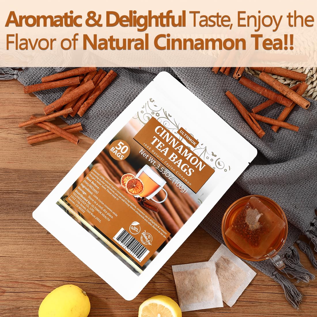 ULTHMOK tea bags crafted from 100% Ceylon cinnamon sticks for pure, additive-free flavor.