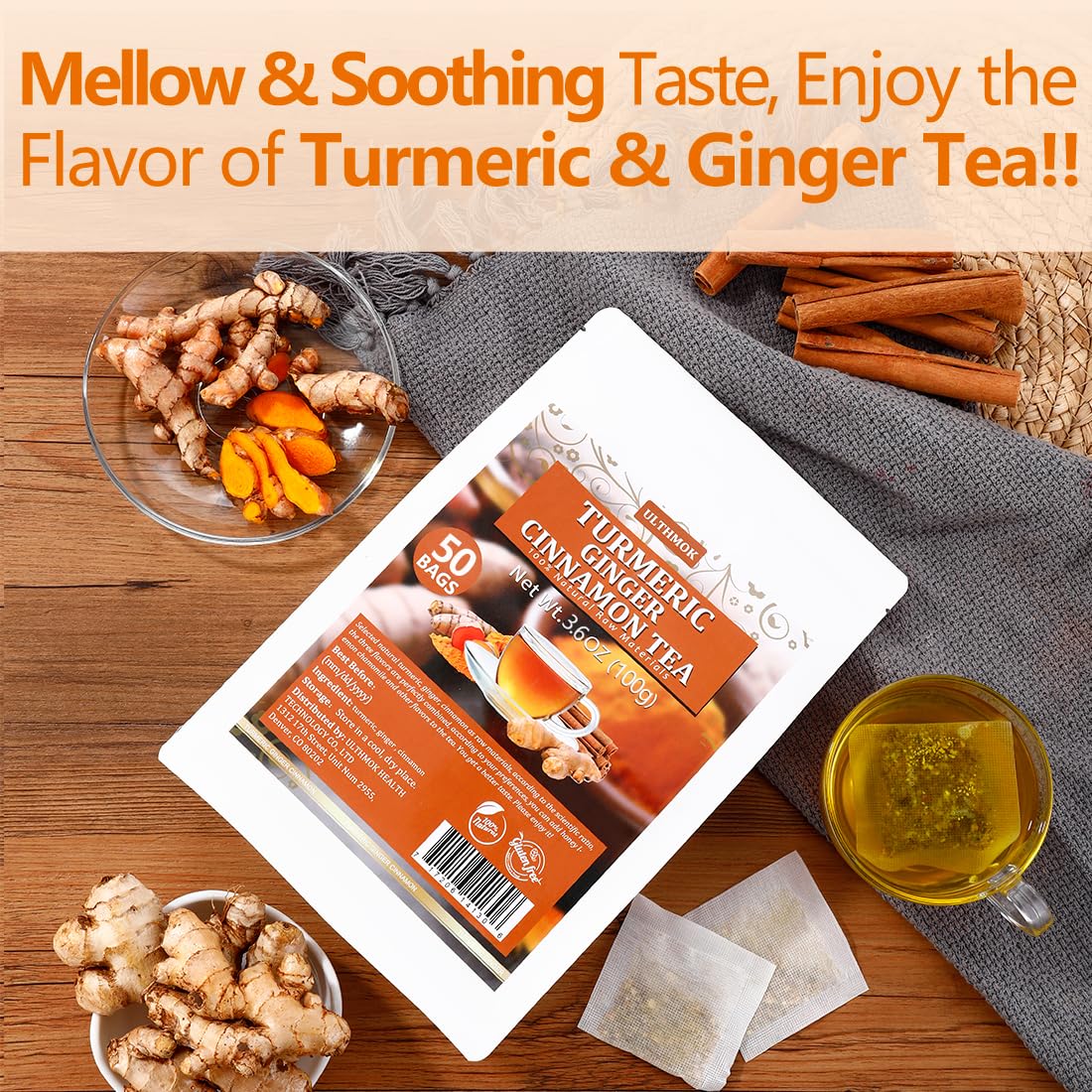 ULTHMOK tea bags close-up reveals the turmeric-ginger-cinnamon trio.