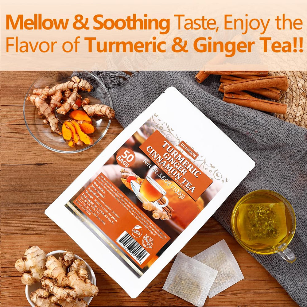 ULTHMOK tea bags close-up reveals the turmeric-ginger-cinnamon trio.
