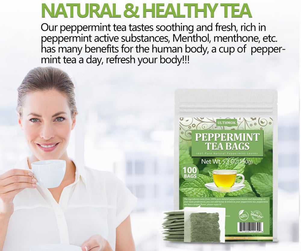ULTHMOK tea bags on fresh peppermint leaves from natural farms.