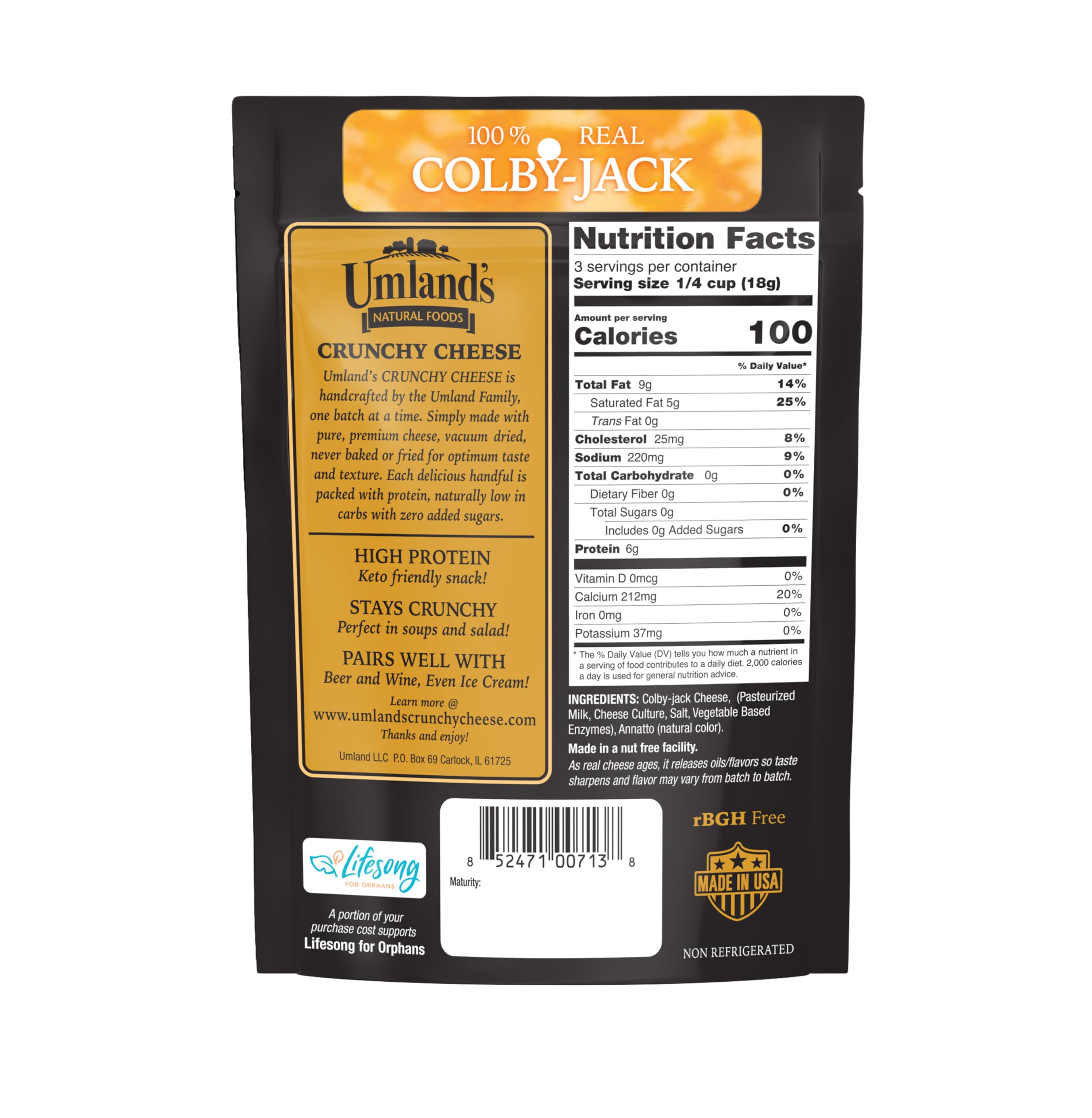 Umland's Cheddar Crunchy Cheese bag close-up highlights bold cheddar flavor for snacking.