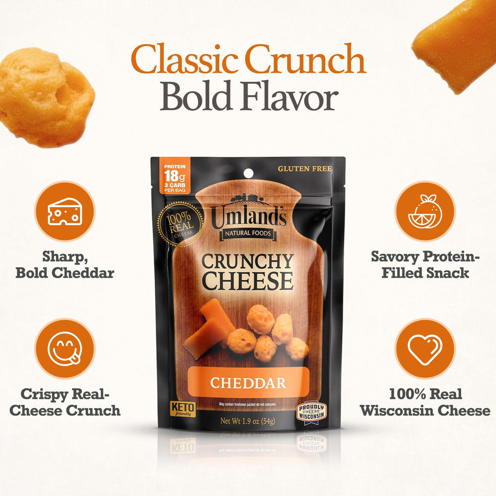 Umland's cheddar snack in a 3-serving bag designed for on-the-go meals.