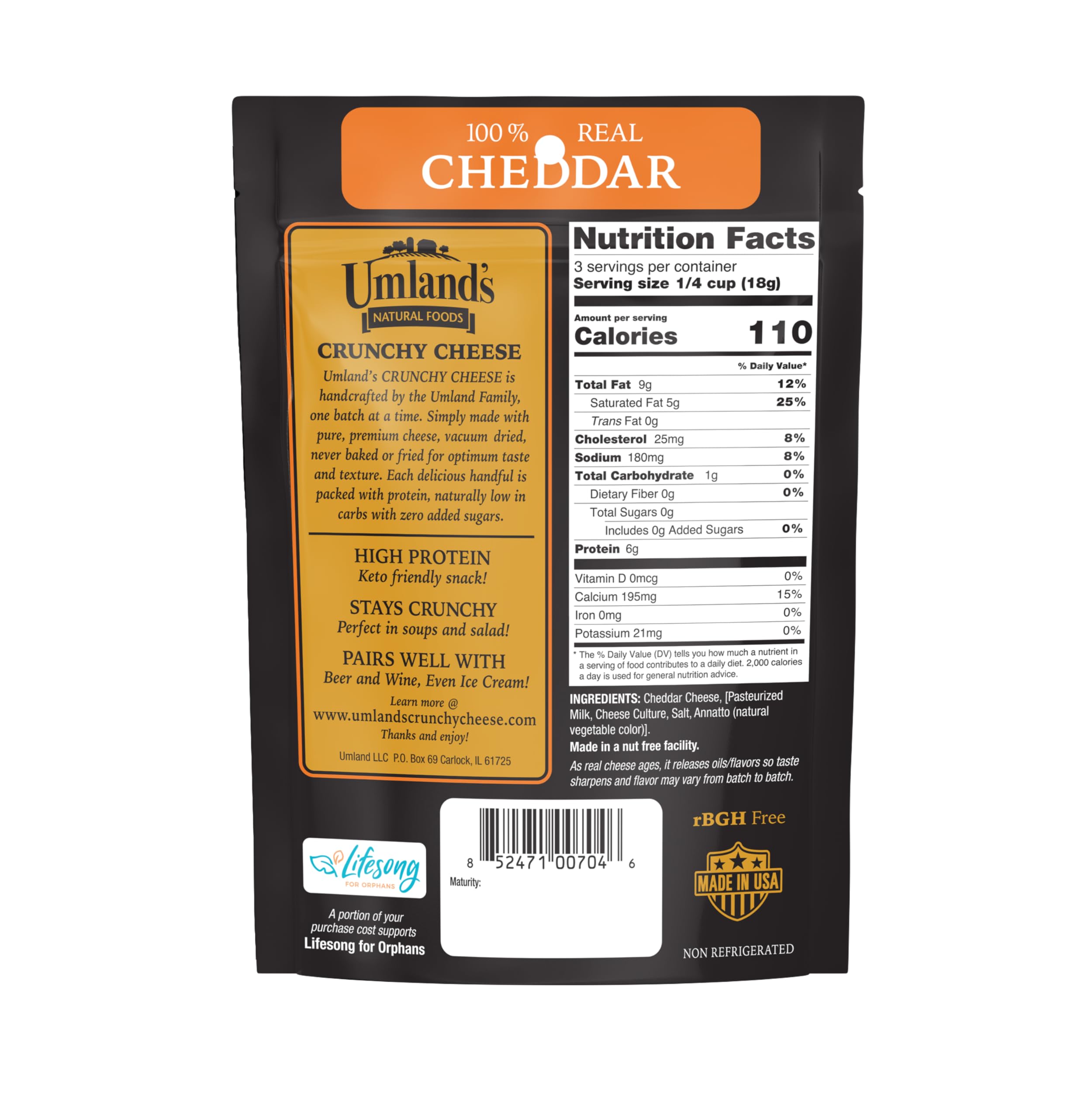 Umland's Crunchy Cheese cheddar crisps close-up highlights savory texture and protein boost.