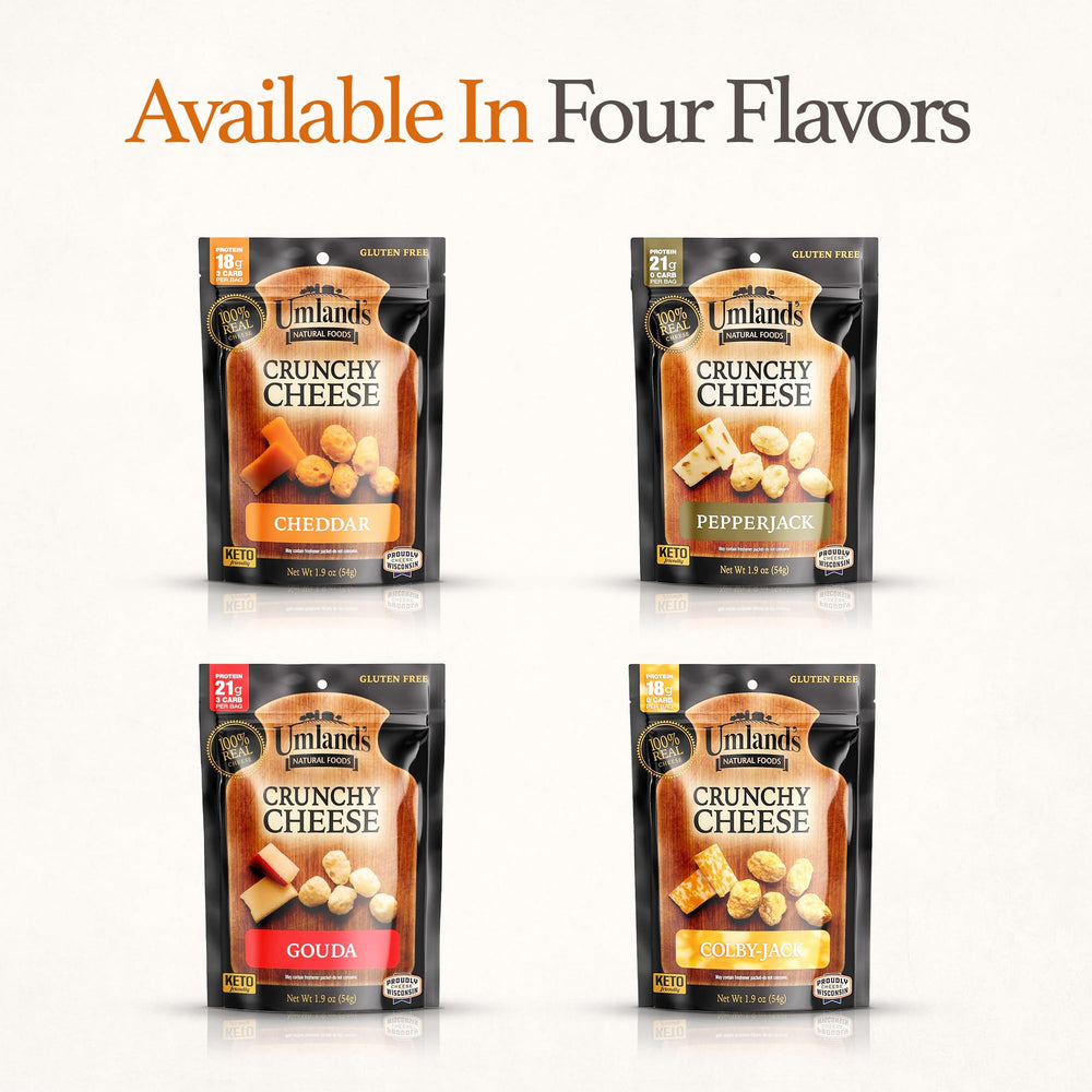 Umland's Crunchy Cheese cheddar package-display signals gift-ready, shelf-stable goodness.