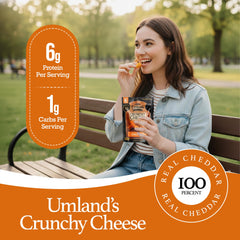 Umland's Crunchy Cheese cheddar snack close-up captures bold cheddar flavor and crisp texture.