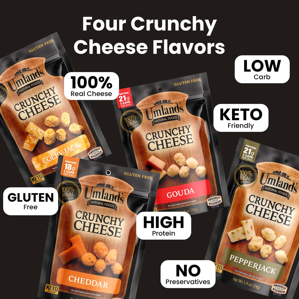 Umland's Pepper Jack crunchy snack bag close-up with spicy, zesty notes.