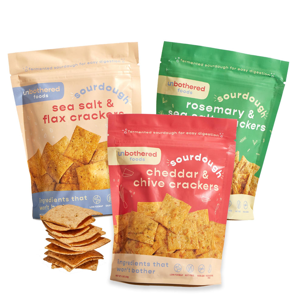 Unbothered Foods sourdough crackers pack offers convenient, gut-friendly crunch.