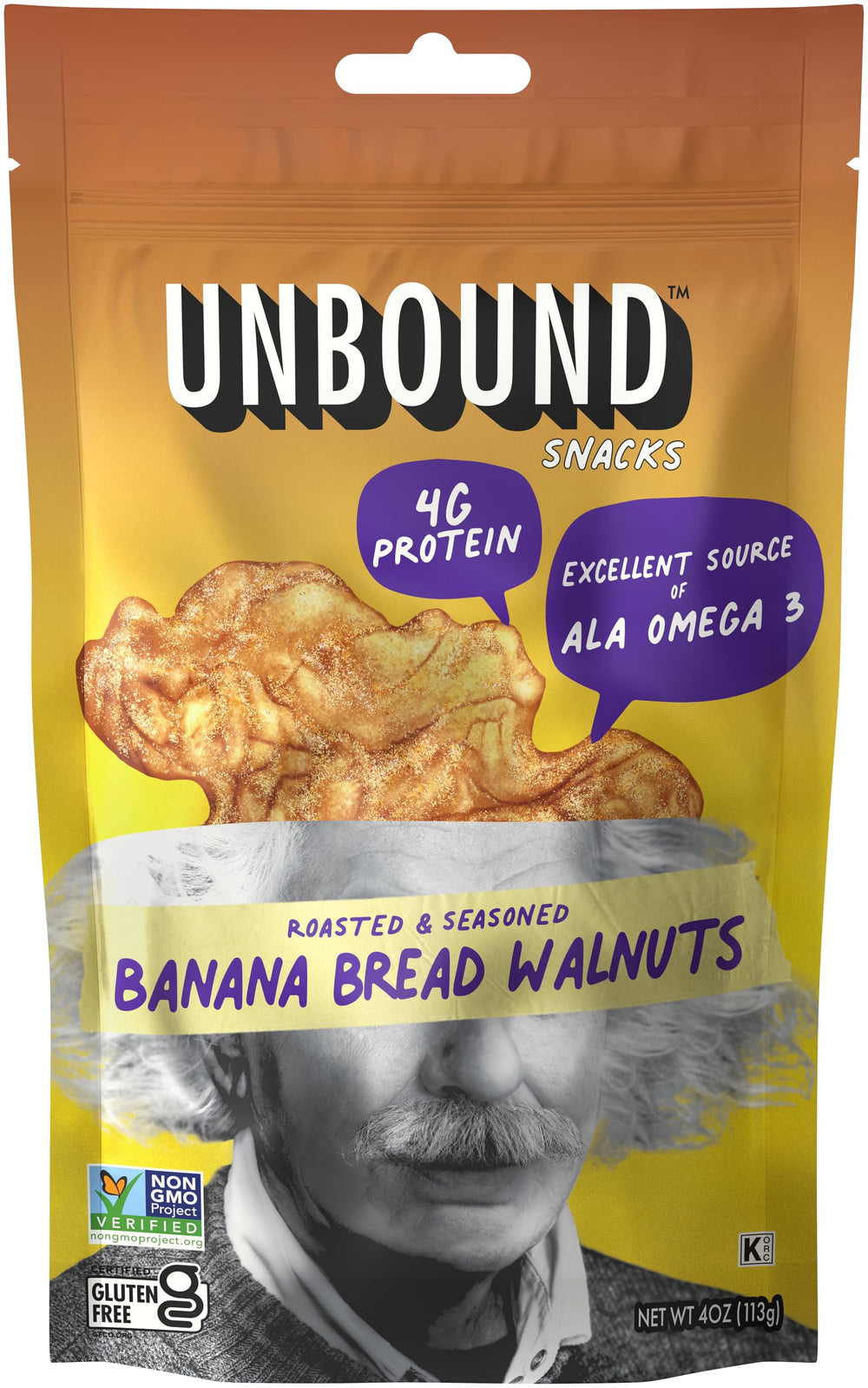 Unbound Snacks banana bread walnuts pack front, roasted and seasoned for a protein-rich snack.