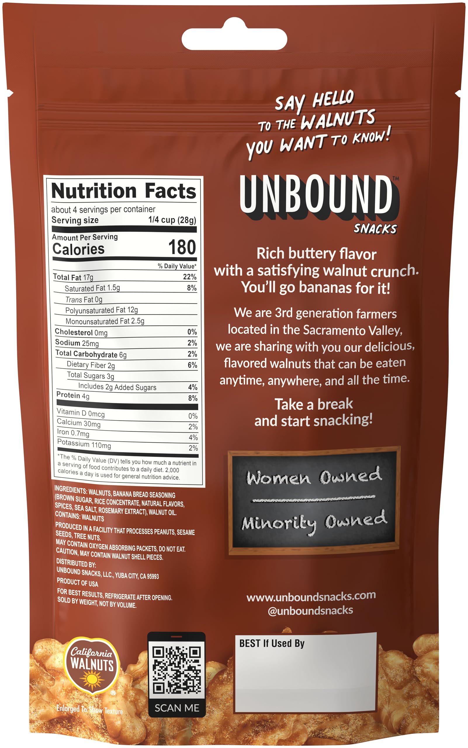 Unbound Snacks banana bread walnuts pack side, ideal for trail mixes with heart-healthy omega-3 benefits.