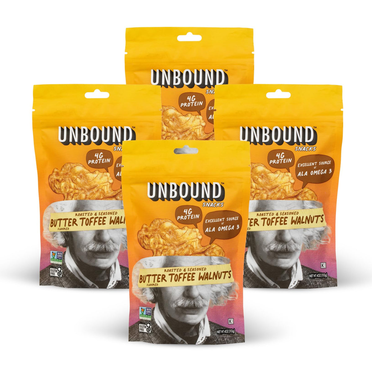 Unbound Snacks Butter Toffee Walnuts bag, gluten-free vegan snack option.