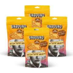 Unbound Snacks Butter Toffee Walnuts bag, gluten-free vegan snack option.