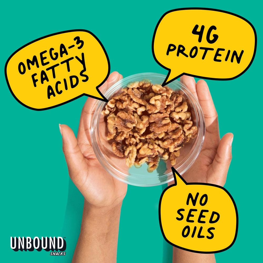 Unbound Butter Toffee Walnuts ingredients on label, simple and natural seasoning.