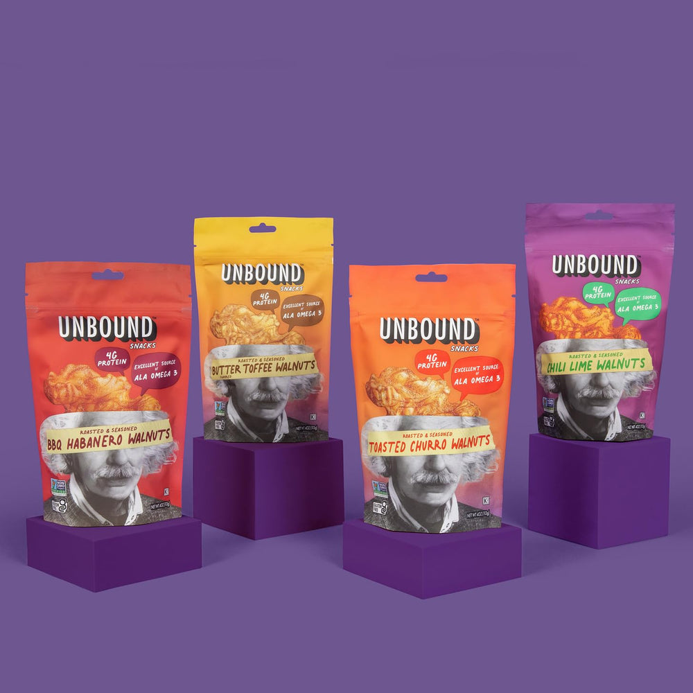 Unbound Butter Toffee Walnuts in portable trail-mix pouch for on-the-go snacking.
