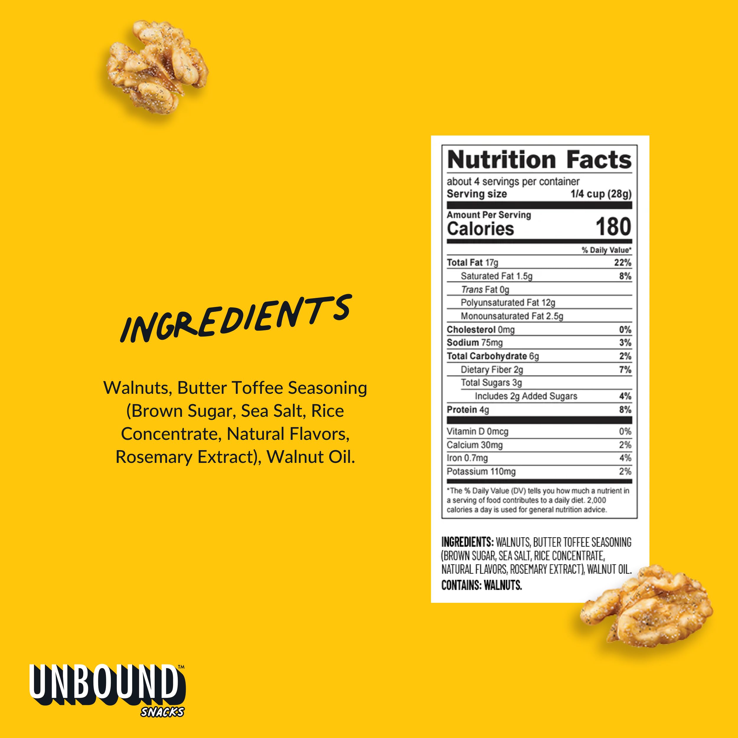 Four-pack of Unbound Butter Toffee Walnuts on a store shelf for convenient snacking.