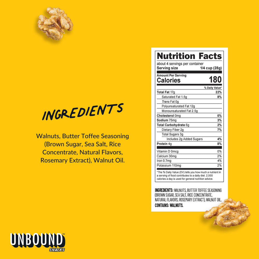 Four-pack of Unbound Butter Toffee Walnuts on a store shelf for convenient snacking.